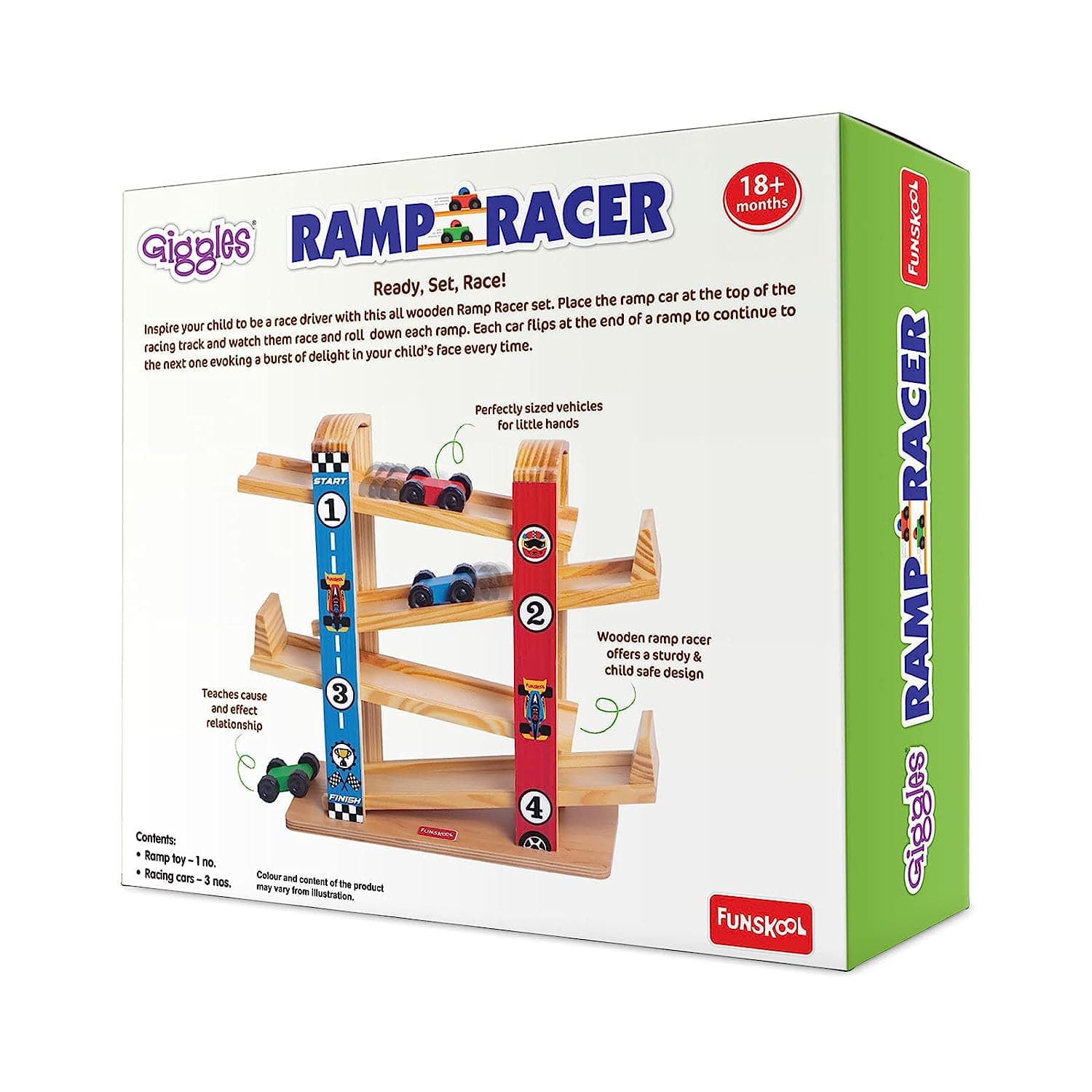 Giggles Funskool Ramp Racer  Wooden Racing Toy with 3 Mini Cars, Fine Motor Skills, Free Wheeling Cars, 18 Months & Above, Preschool Toys