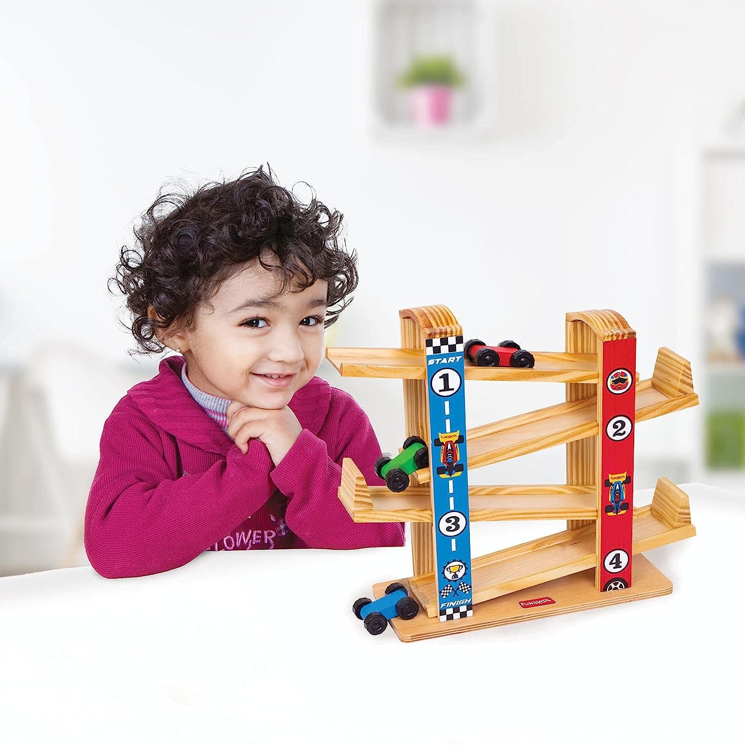 Giggles Funskool Ramp Racer  Wooden Racing Toy with 3 Mini Cars, Fine Motor Skills, Free Wheeling Cars, 18 Months & Above, Preschool Toys view 3