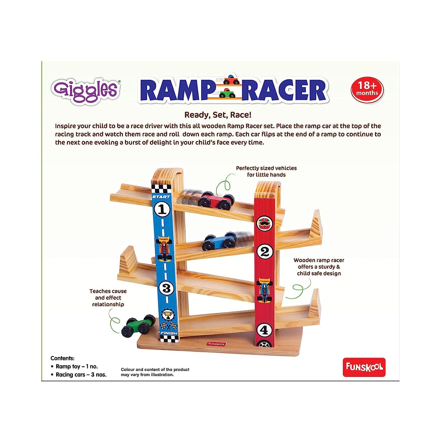 Giggles Funskool Ramp Racer  Wooden Racing Toy with 3 Mini Cars, Fine Motor Skills, Free Wheeling Cars, 18 Months & Above, Preschool Toys view 4