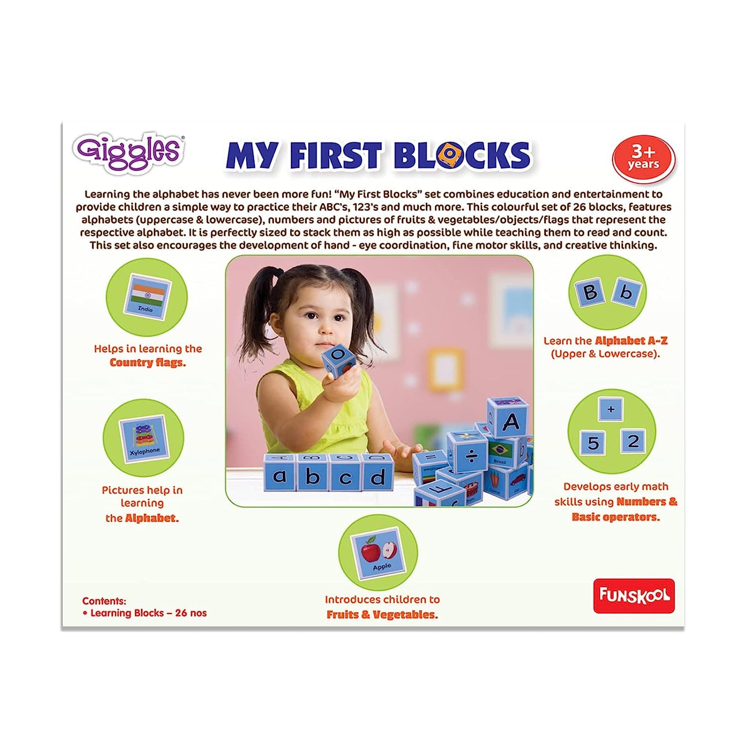 Funskool Giggles - My First Block,Learning Acitvity,Motor Skills, Learn Letters and Numbers, Fruits & Vegetables, Country Flags, Mutlicolor,for 3 Years and Above. view 2