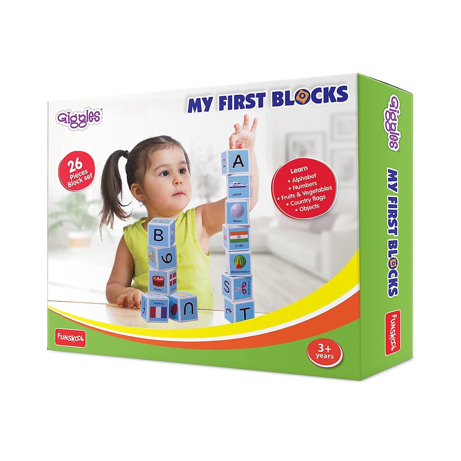 Funskool Giggles - My First Block,Learning Acitvity,Motor Skills, Learn Letters and Numbers, Fruits & Vegetables, Country Flags, Mutlicolor,for 3 Years and Above.