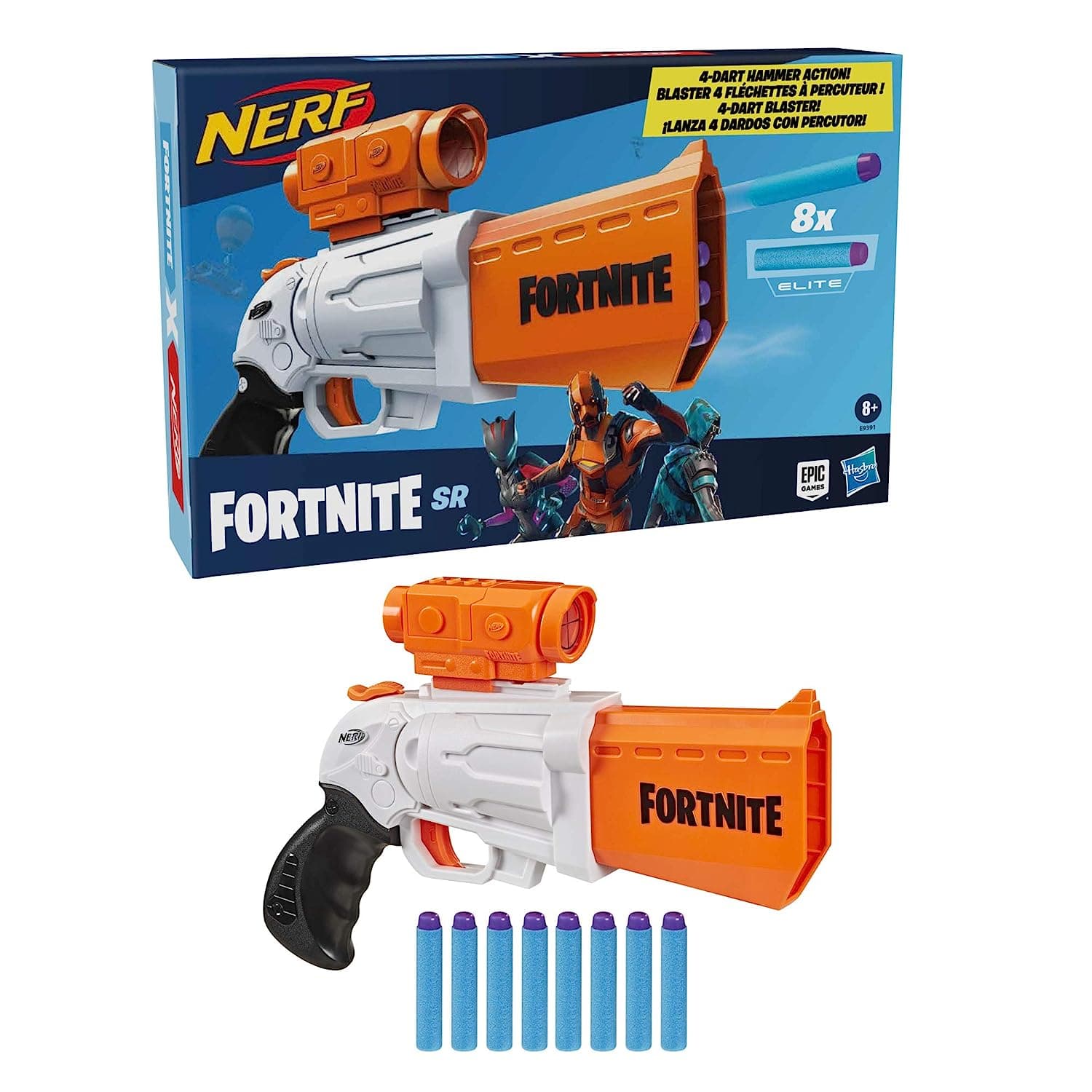 NERF Fortnite Sr Blaster, 4-Dart Hammer Action, Includes Removable Scope and 8 Elite Darts, for Youth, Teens, Adults, Multicolor view 7