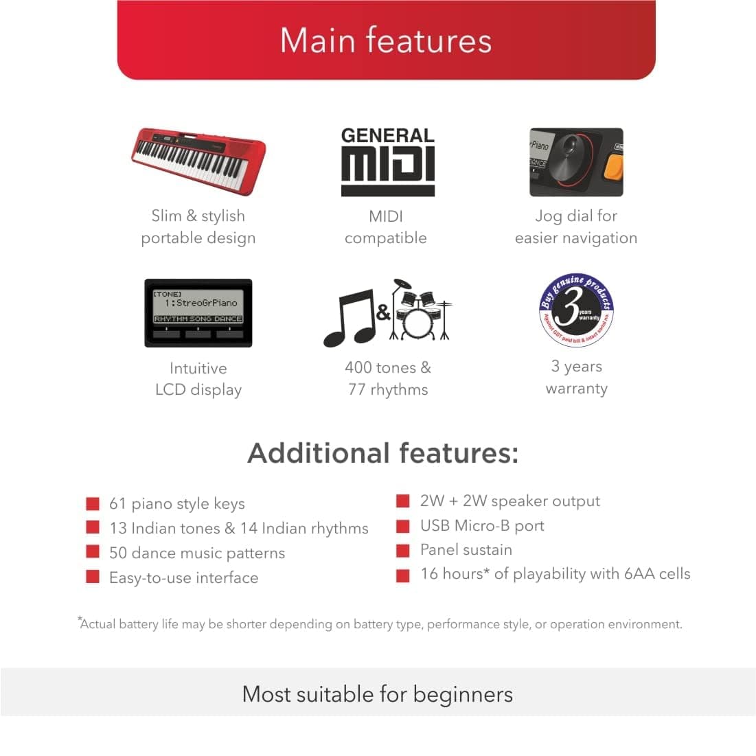 Casio CT-S200 Casiotone 61-Key Portable Keyboard with Piano tones, Red view 2