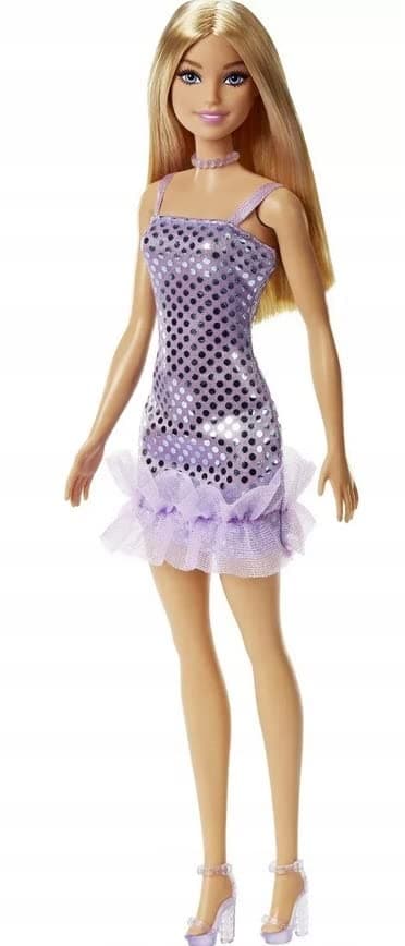 Barbie Doll, Kids Toys, Blonde Hair, Lavender Metallic Mini Dress, Trendy Clothes and Accessories