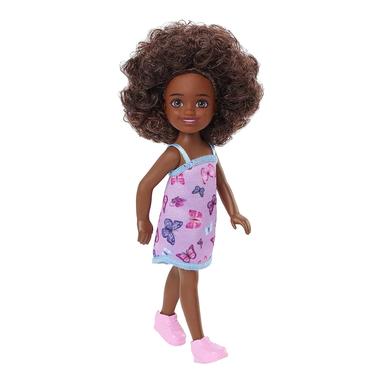 Barbie? Chelsea? Doll (Curly Brunette Hair) Wearing Butterfly-Print Dress and Pink Shoes