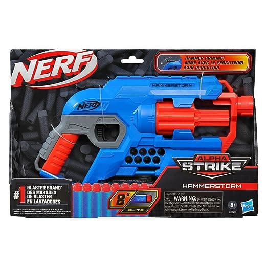 Nerf Alpha Strike Hammerstorm Blaster – Hammer-Priming Action, Rotating 8-Dart Drum, 8 Official Nerf Elite Darts – for Children, Teens, Adults, Multicolor (E6748)