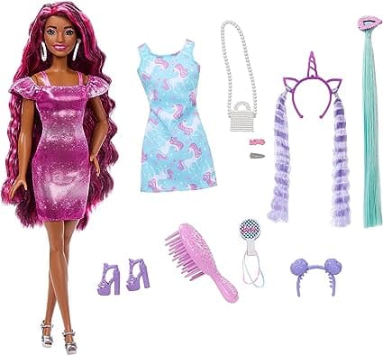 Barbie Doll, Fun & Fancy Hair with Extra-Long Colorful Brunette Hair and Shimmery Pink Dress, 10 Hair and Fashion Play Accessories view 4