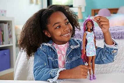 Barbie Doll, Fun & Fancy Hair with Extra-Long Colorful Brunette Hair and Shimmery Pink Dress, 10 Hair and Fashion Play Accessories view 2