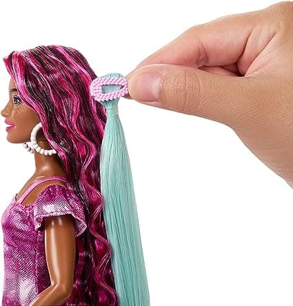 Barbie Doll, Fun & Fancy Hair with Extra-Long Colorful Brunette Hair and Shimmery Pink Dress, 10 Hair and Fashion Play Accessories view 5