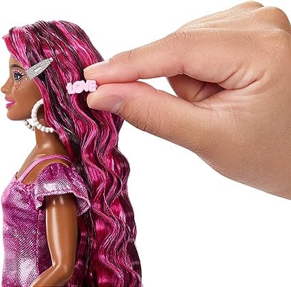 Barbie Doll, Fun & Fancy Hair with Extra-Long Colorful Brunette Hair and Shimmery Pink Dress, 10 Hair and Fashion Play Accessories view 3