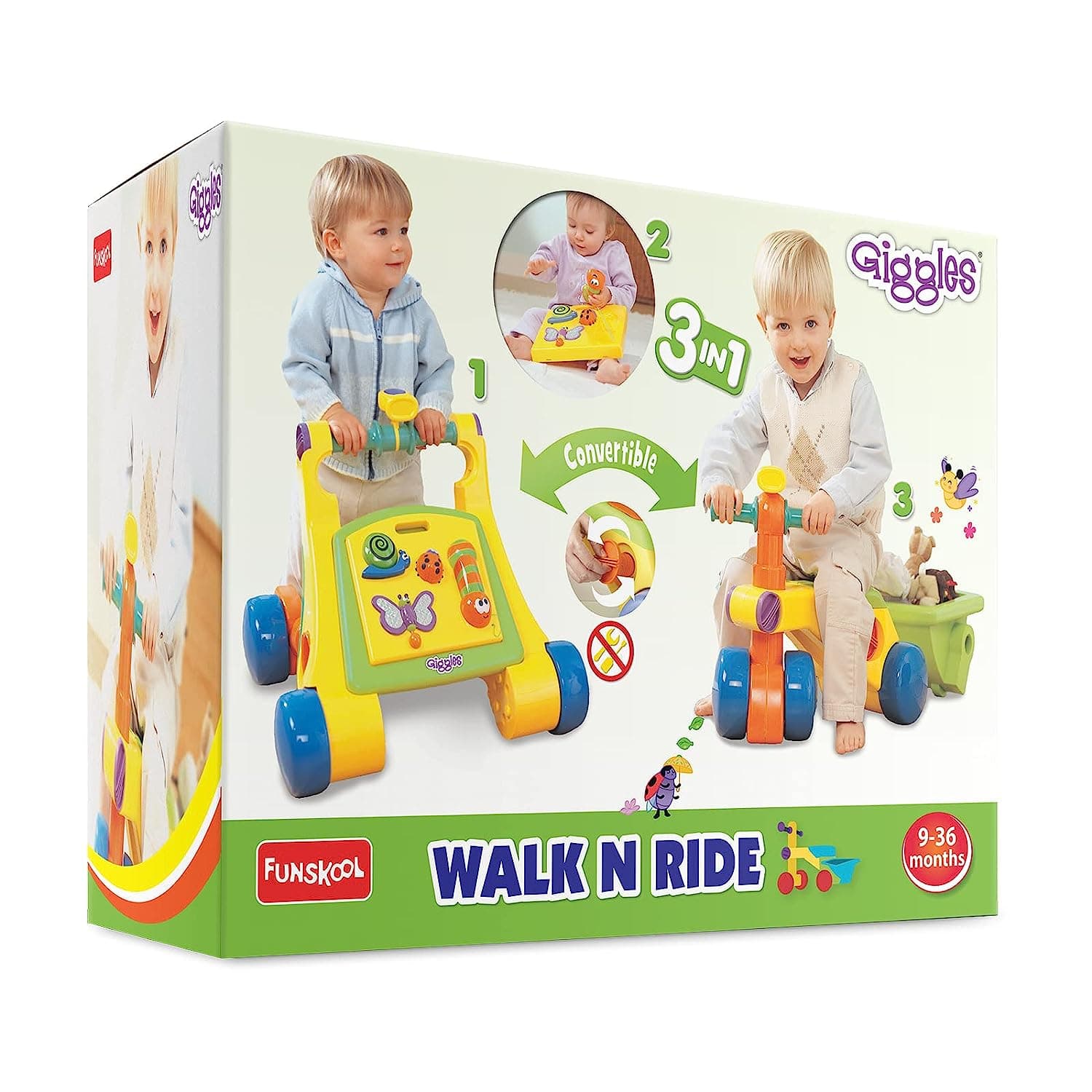 Funskool Giggles Walk N Ride 3 in 1 Activity Toy, Walker and Trike, Detachable Pull-Along Trailer