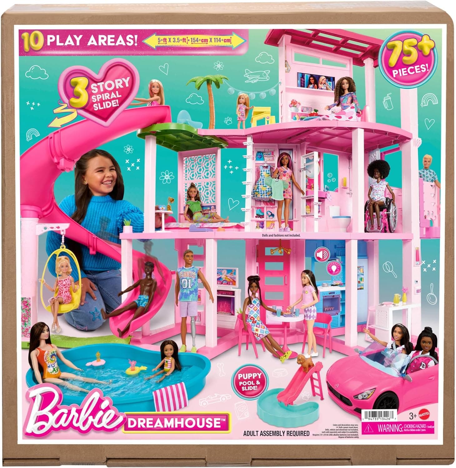 ​Barbie Dreamhouse, Pool Party Doll House with 75+ Pieces and 3-Story Slide, Pet Elevator and Puppy Play Areas​