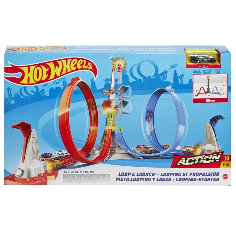 Mattel Hot Wheels Loop & Launch Track Set for Kids 5-10 Years Old with Adjustable 2-Foot-Tall Winner S Cage, Spiral Loop, & Point Panels, Simple Set-Up & Collapsible for Easy Storage