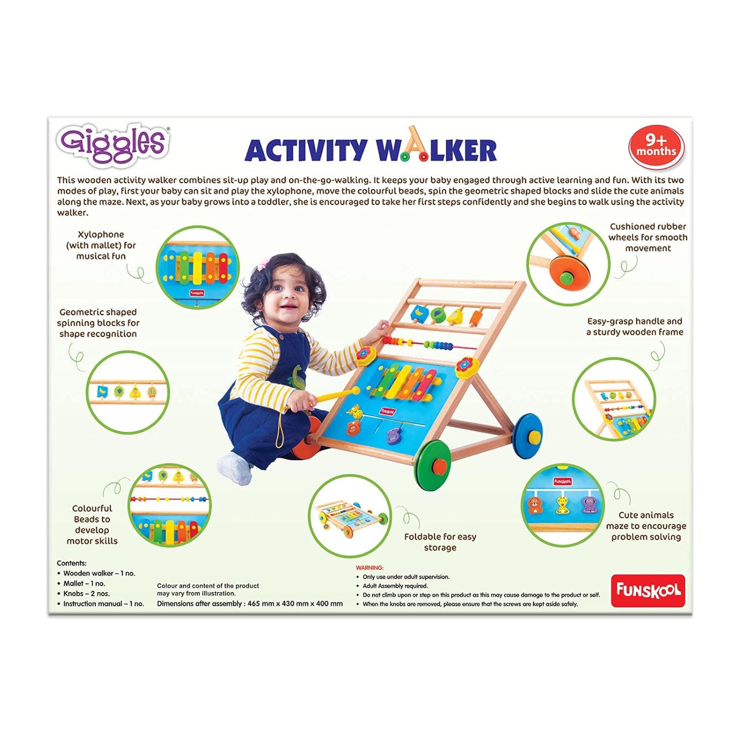 Giggles - Activity Walker, Multicolour Wooden Musical Walker, Develops Motor Skills Using Xylophone, Animal Maze, Counting Beads, Geo Shaped Spinners view 3