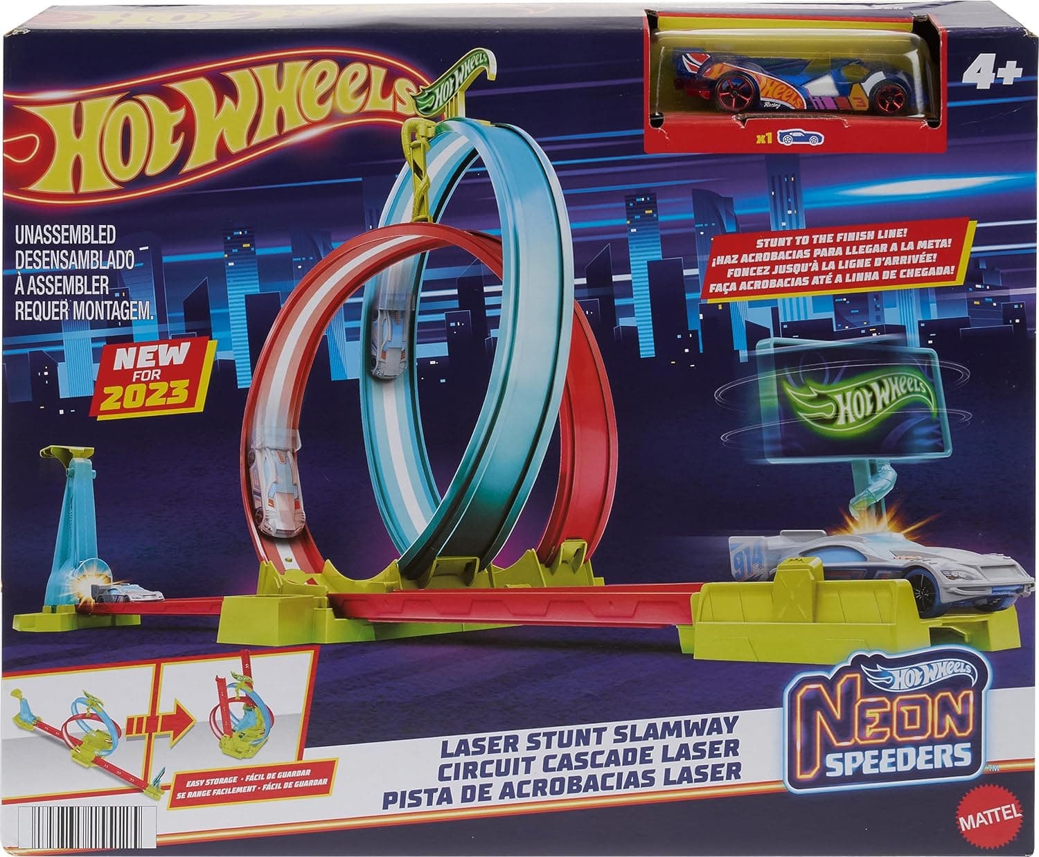 ​Hot Wheels Neon Speeders Track Set Laser Stunt Slamway with 1 Hot Wheels Car Tri-Colored Track Connects to Other Sets Easy Storage