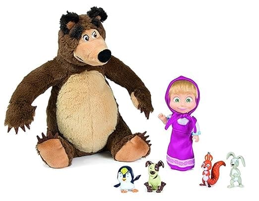 Masha & The Bear Play Set Set by Fratelli (12cm Masha Doll, 25cm Plush Bear with Animals Friends Play Set)