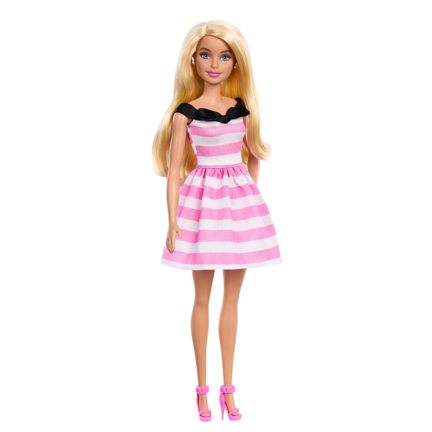 Barbie Doll and Accessories, 65th Anniversary Commemorative Doll with Blonde Hair, Pink and White Striped Dress with Matching Heels view 4
