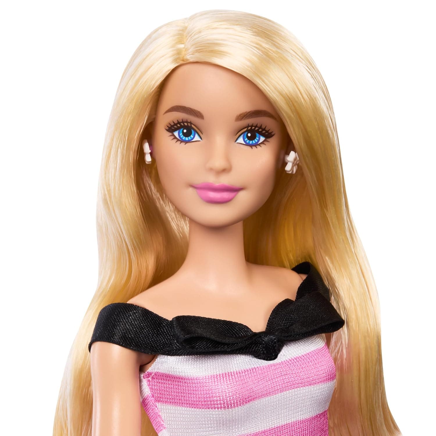 Barbie Doll and Accessories, 65th Anniversary Commemorative Doll with Blonde Hair, Pink and White Striped Dress with Matching Heels view 5