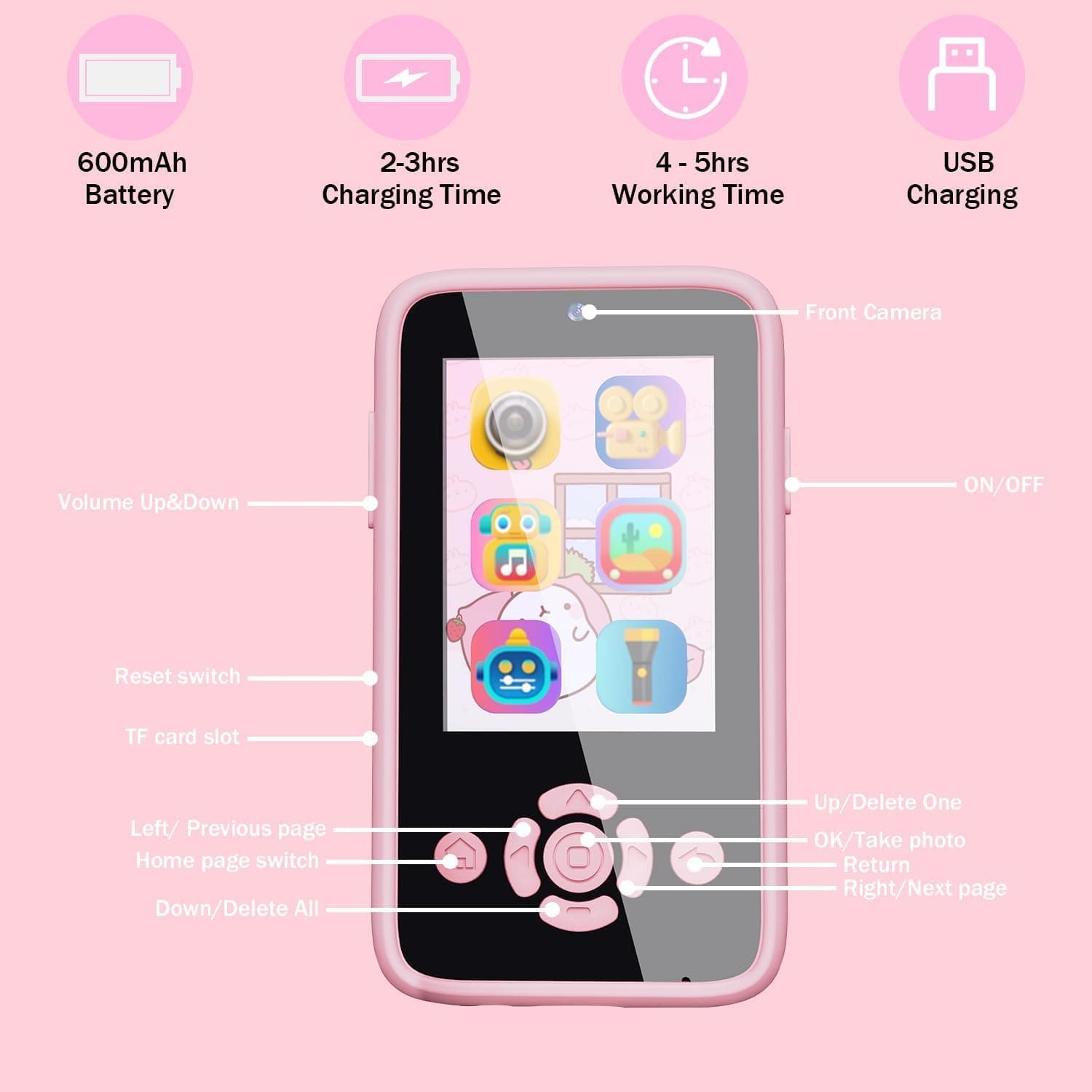 Knick Knack Kids Smartphone Toy with MP3 Music Player- Dual Camera for Selfies- in Built Games 2.4" Screen 8MP Camera (Pink) view 4