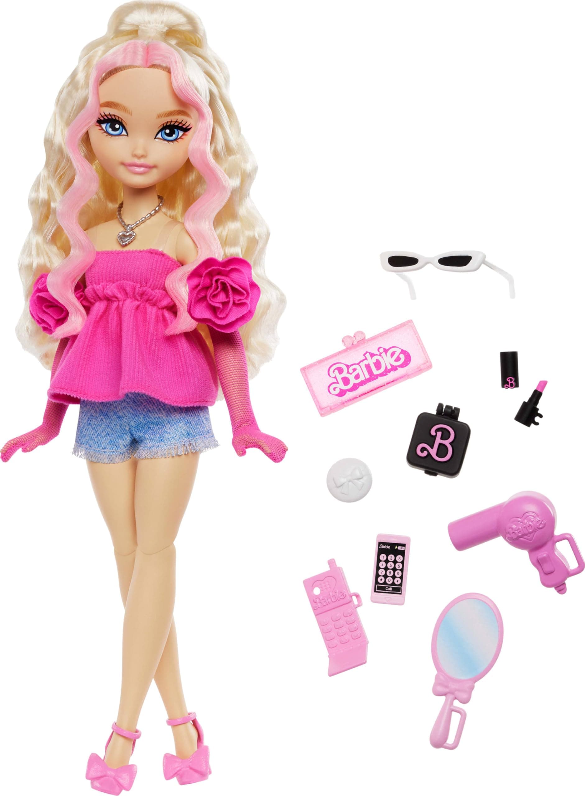 Barbie Dream Besties Doll and Accessories Moving Barbie Malibu Fashion Doll with Wavy Blonde Hair 11 Pieces on Makeup and Hair HYC21
