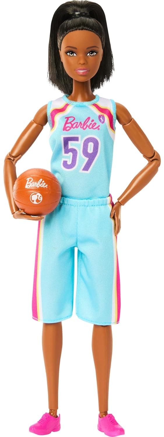 Barbie Made to Move Doll & Accessories, Brunette Basketball Player Wearing Removable Uniform with Ball, 22 Bendable Joints?