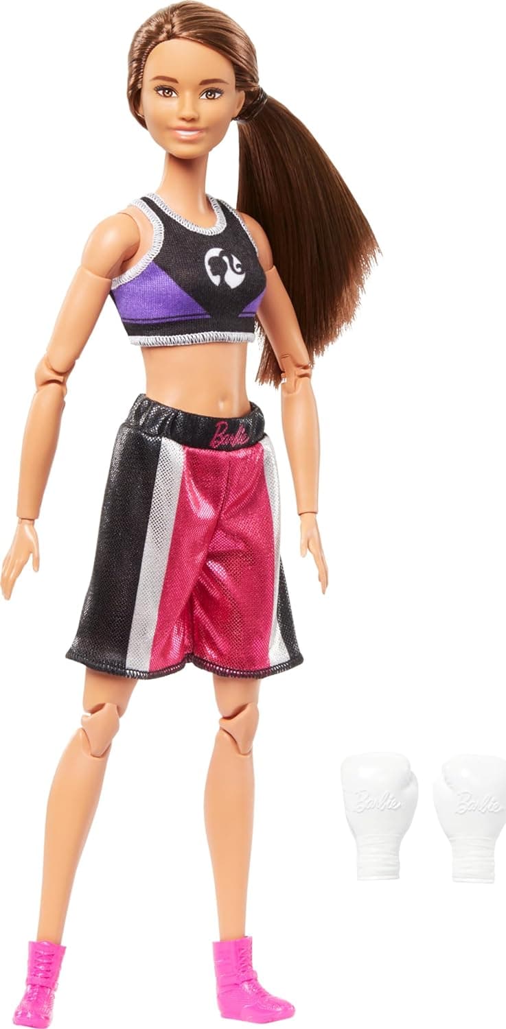 Barbie Made to Move Doll & Accessories, Brunette Boxer Wearing Removable Uniform with Boxing Gloves, 22 Bendable Joints view 5