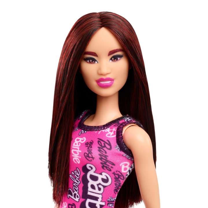 Barbie Fashion Doll With Dark Burgundy Hair Wearing Removable Pink Dress & Shoes With Logo Print view 3
