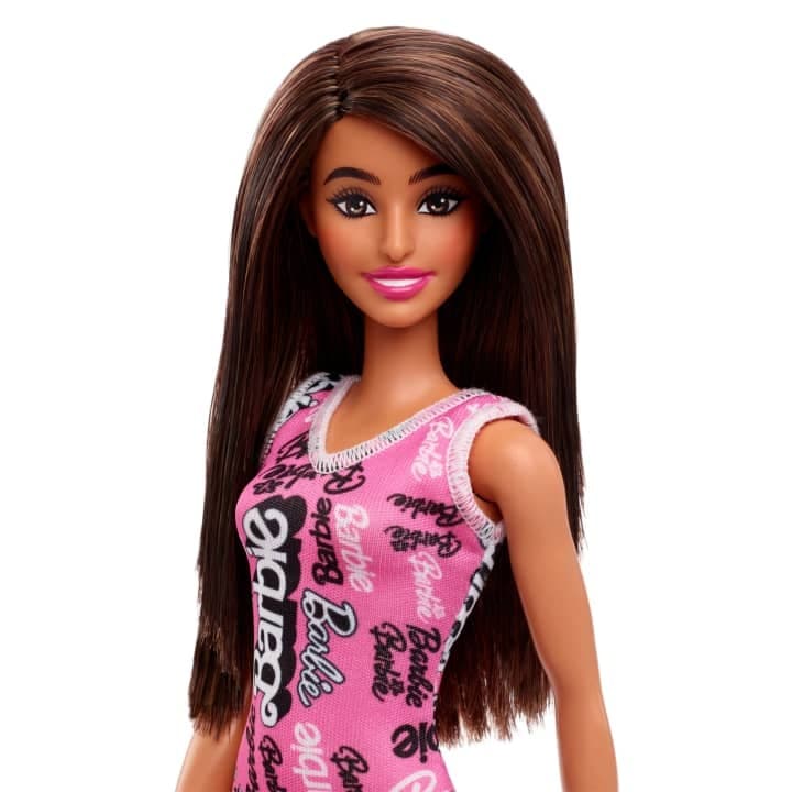 Barbie Fashion Doll With Straight Brown Hair Wearing Removable Pink Dress With Logo Print & Shoes view 4