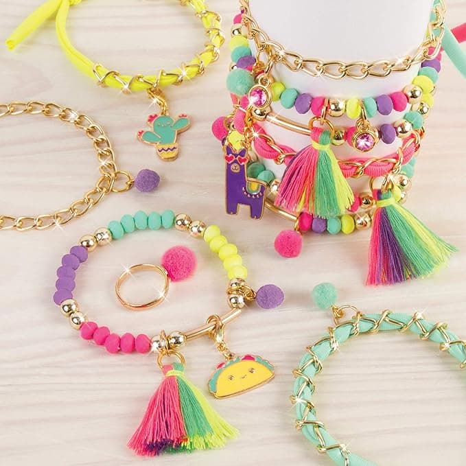 Make It Real Neo-Brite Chains&Charms Kit|Create 10 Unique Cord&Tassel Charm Bracelets,195 Pieces,Includes Play Tray|DIY Playful Charm&Jewelry Kit|Arts&Crafts,Girls Ages 8+|Made in India,Multicolor view 2