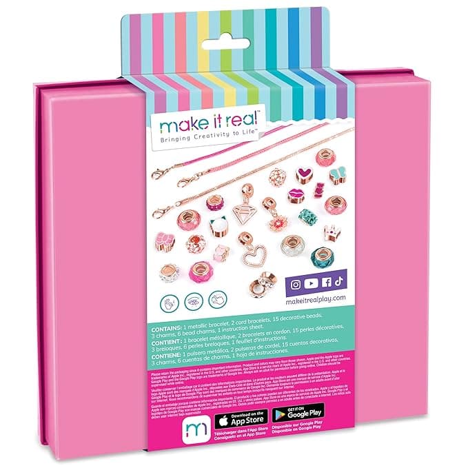 Make It Real Halo Charms Think Pink|Create 3 Beatiful Bracelets|Includes 1 Metallic Bracelet,2 Cord Bracelet,15 Decorative Beads,3 Charms,6 Bead Charms|28pcs DIY Arts & Crafts, Girls 8+|Made in India