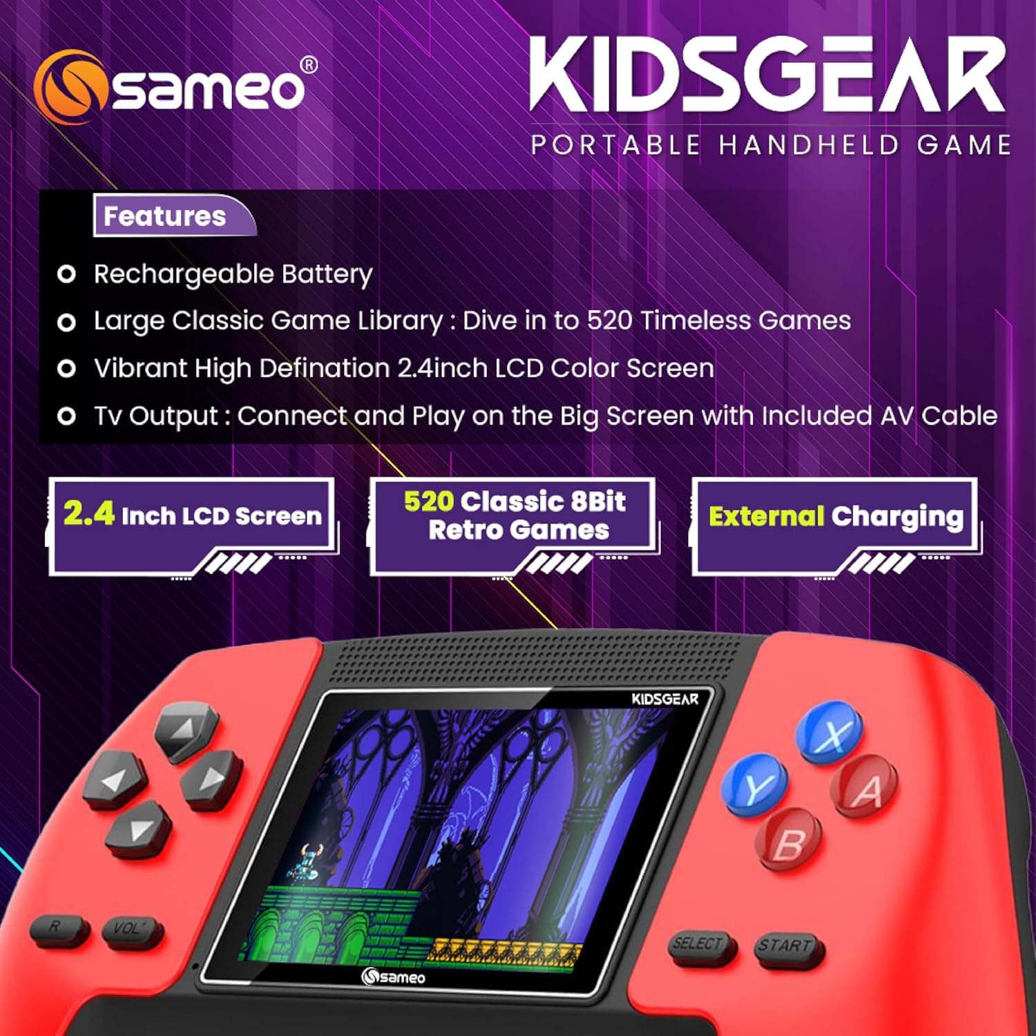 Sameo Kidsgear Controller Shaped Handheld Console Built-in 520 Retro Game (Spectral White) view 2