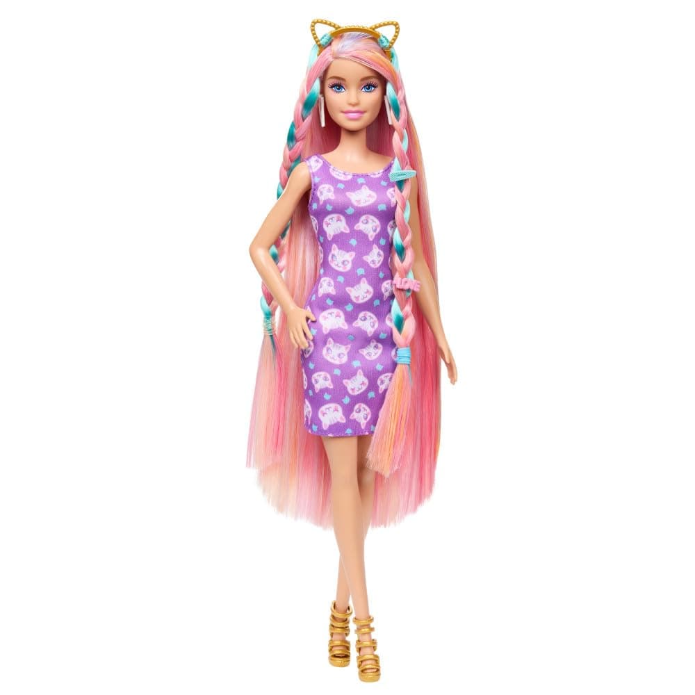 Barbie Doll Fun & Fancy Hair with Extra-Long Colorful Blonde Hair and Glossy Pink Dress 10 Hair and Fashion Play Accessories view 4