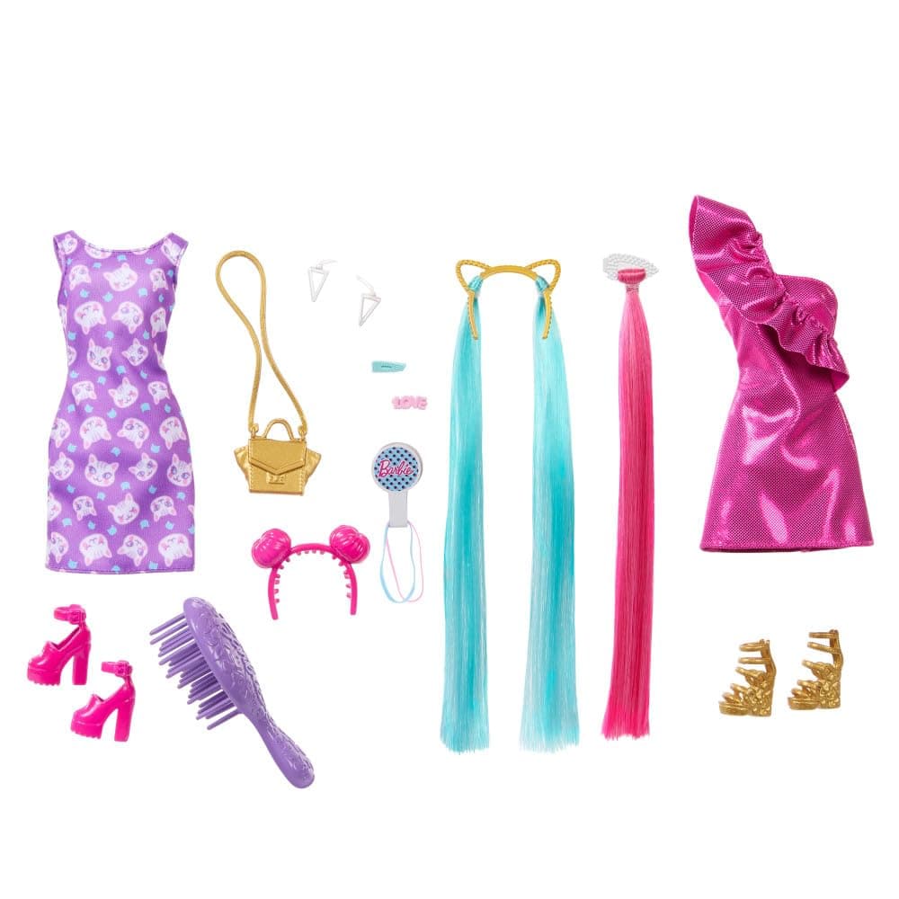 Barbie Doll Fun & Fancy Hair with Extra-Long Colorful Blonde Hair and Glossy Pink Dress 10 Hair and Fashion Play Accessories view 6