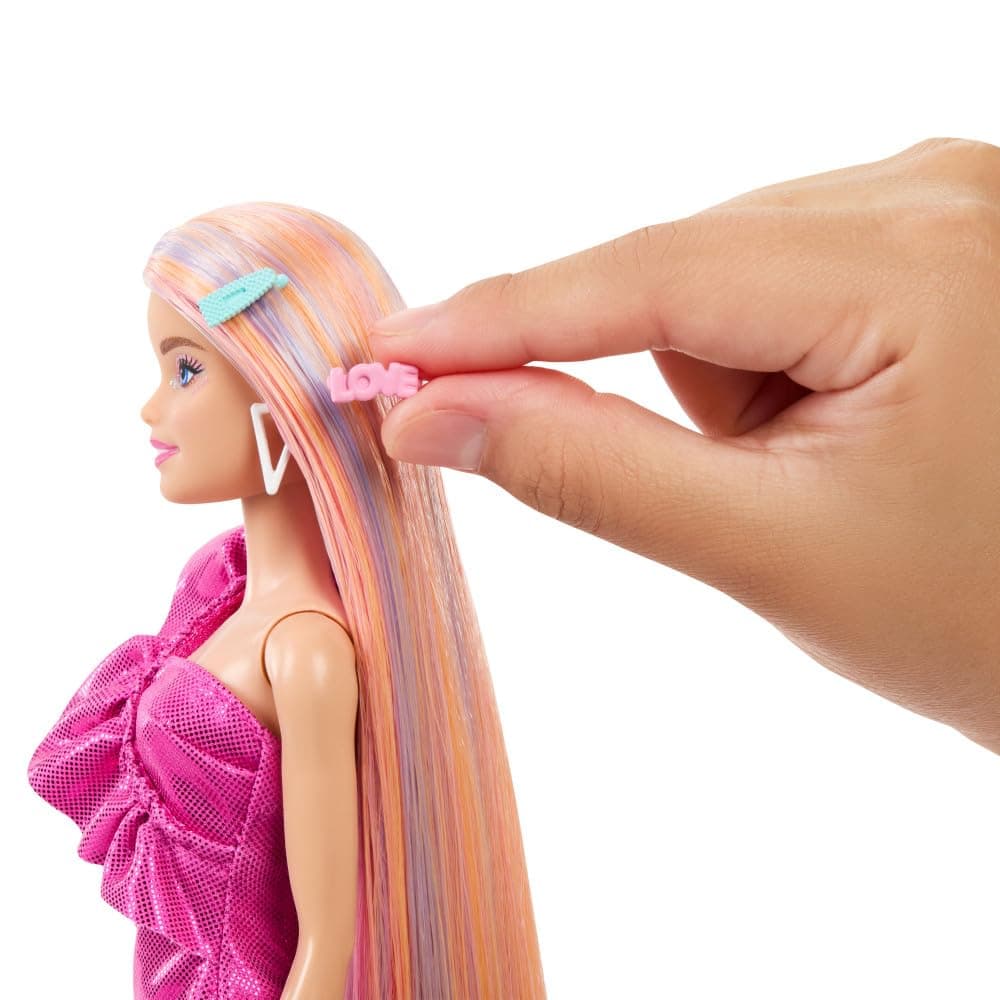 Barbie Doll Fun & Fancy Hair with Extra-Long Colorful Blonde Hair and Glossy Pink Dress 10 Hair and Fashion Play Accessories view 2