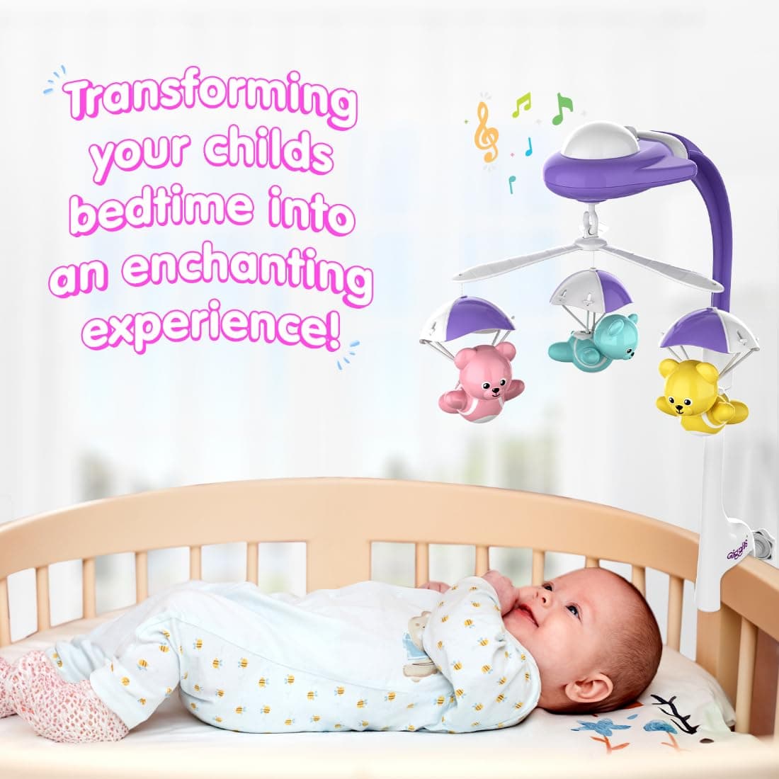 Funskool Giggles Bear Melody Crib Mobile, Bears in Parachute, Cot Mobile, Visual and Audtory Senses, New Born Babies, Soothing Melody, Multicolour