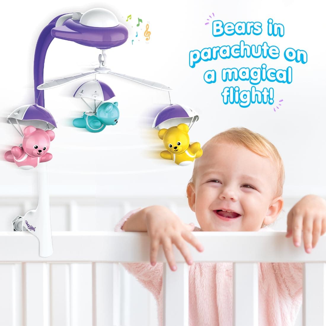 Funskool Giggles Bear Melody Crib Mobile, Bears in Parachute, Cot Mobile, Visual and Audtory Senses, New Born Babies, Soothing Melody, Multicolour view 2