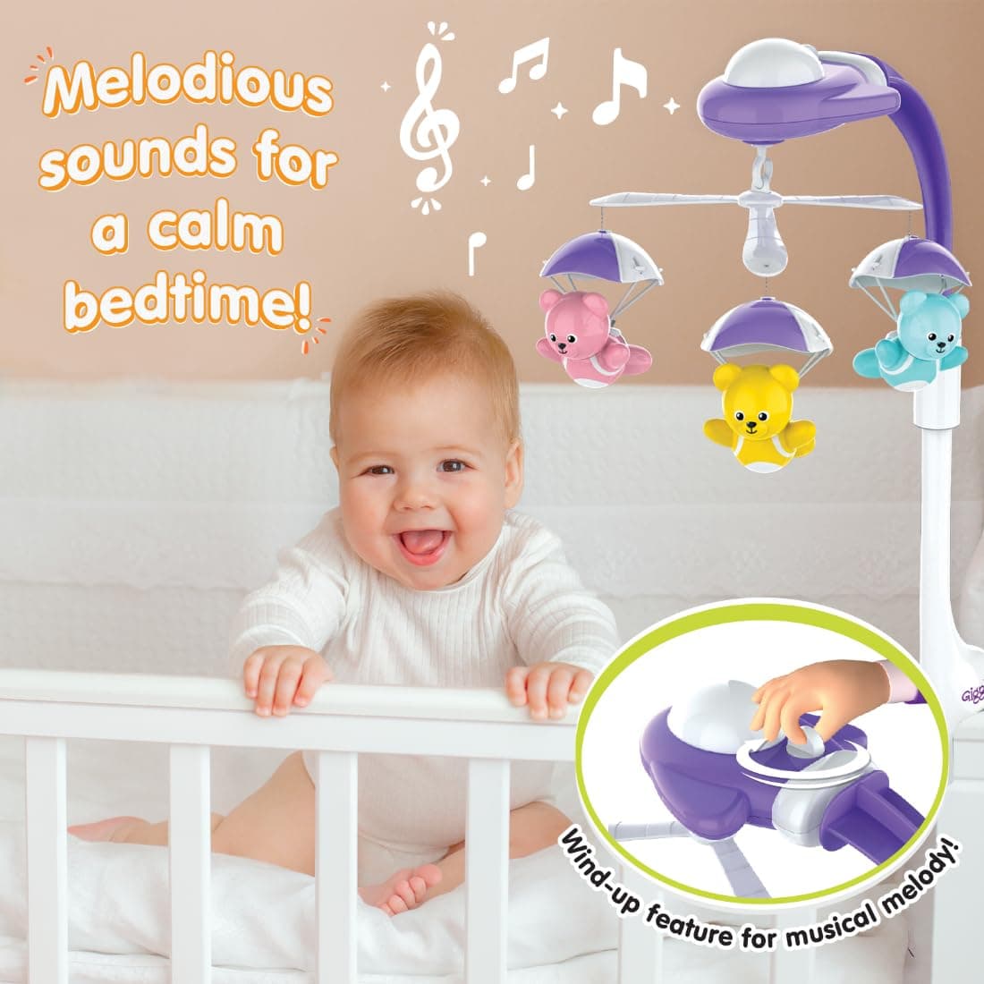 Funskool Giggles Bear Melody Crib Mobile, Bears in Parachute, Cot Mobile, Visual and Audtory Senses, New Born Babies, Soothing Melody, Multicolour view 3