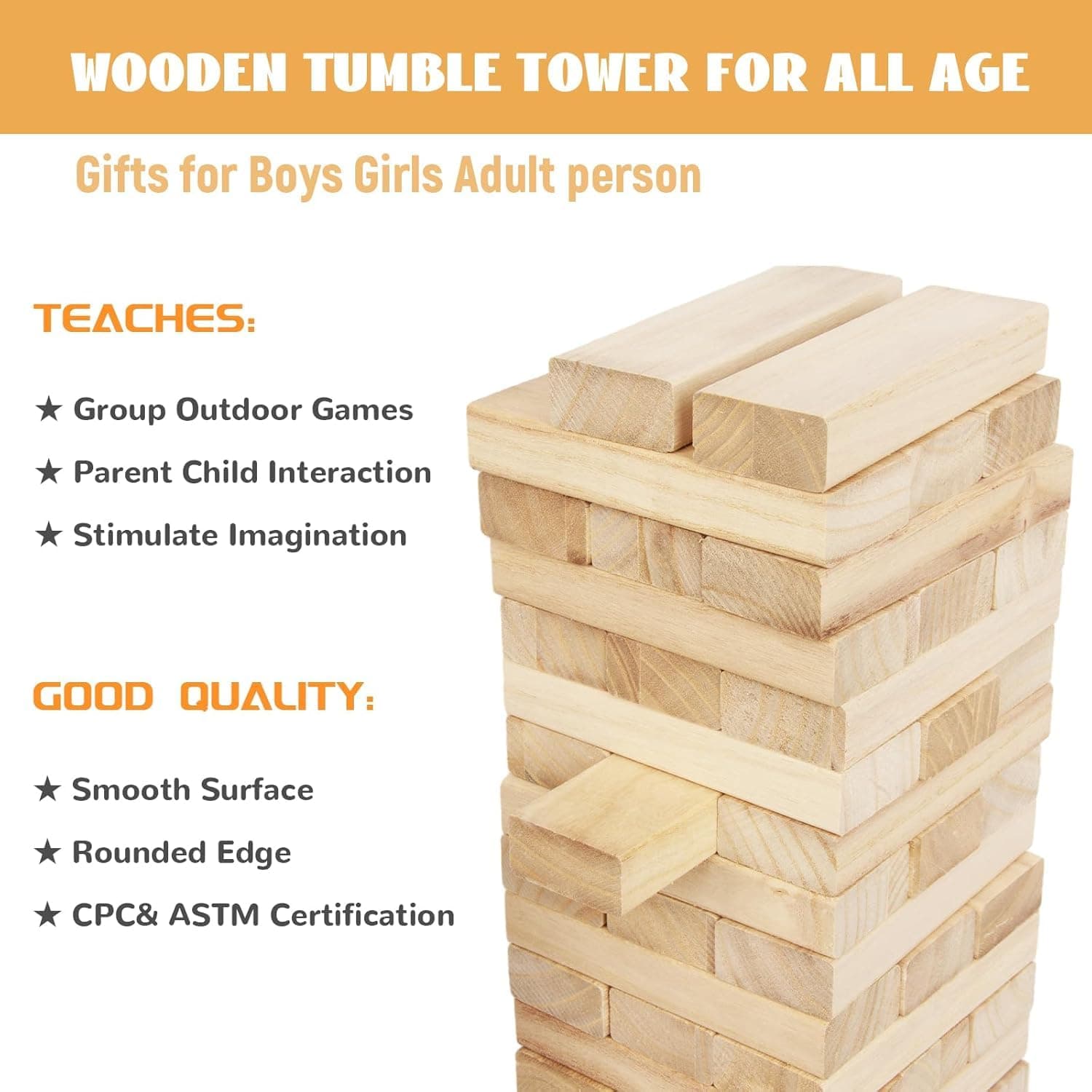 Stack'em Up Giant Tumble Tower Game  54 Big Wooden Blocks  Stacks Up to 4 Feet  Fun for All Ages  Indoor & Outdoor Game view 4