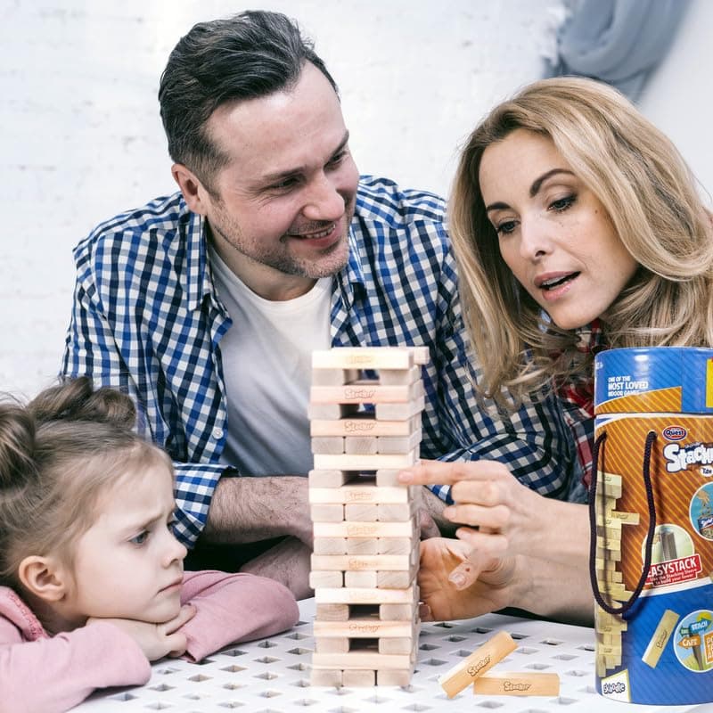 SKOODLE Quest Stackrr Tube Tumbling Tower Game with 54 Precision Wooden Blocks of Premium Beachwood, Fun Game for Adults and Kids, 1 or More Players