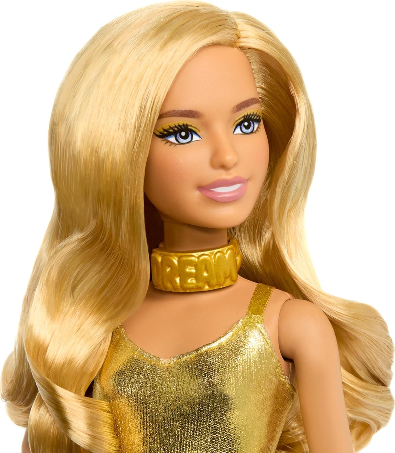 Barbie Fashionistas 222 Little Silhouette Doll with Blonde Wavy Hair Gold Jumpsuit and Accessories, 65th Birthday Collection Doll, HRH19 view 3