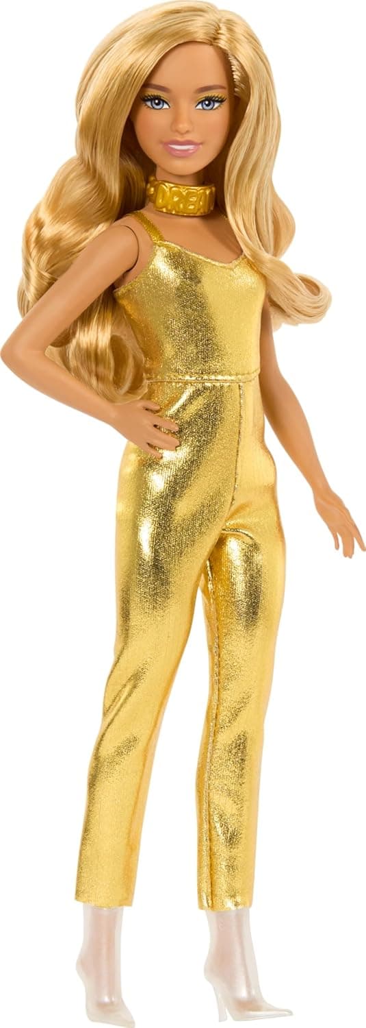 Barbie Fashionistas 222 Little Silhouette Doll with Blonde Wavy Hair Gold Jumpsuit and Accessories, 65th Birthday Collection Doll, HRH19 view 5