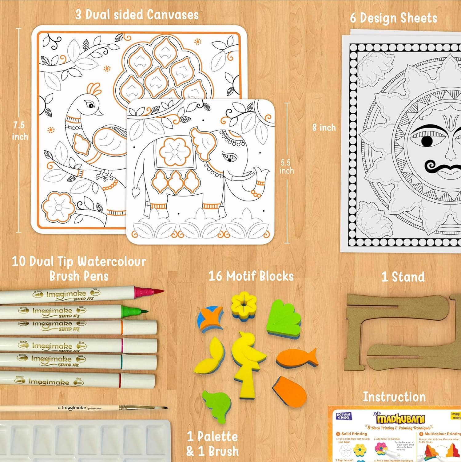 Imagimake DIY Madhubani Art Kit | Make 12 Paintings | Madhubani Painting & Colouring Kit Using Water Brush Pen & Stamps | Art & Craft Kit for Kids & Adults | Gift for Girls Age 8,9,10,11,12