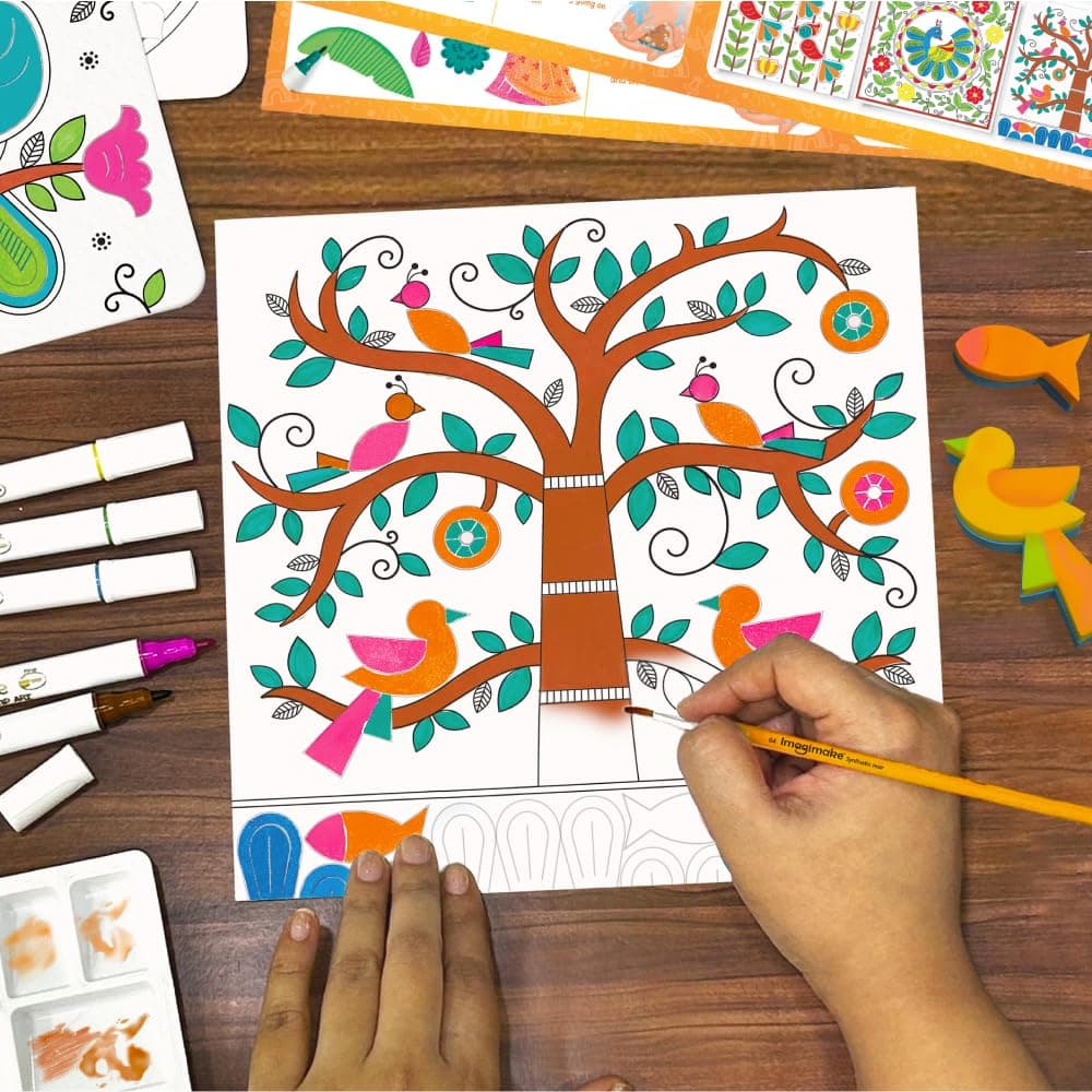 Imagimake DIY Madhubani Art Kit | Make 12 Paintings | Madhubani Painting & Colouring Kit Using Water Brush Pen & Stamps | Art & Craft Kit for Kids & Adults | Gift for Girls Age 8,9,10,11,12 view 3
