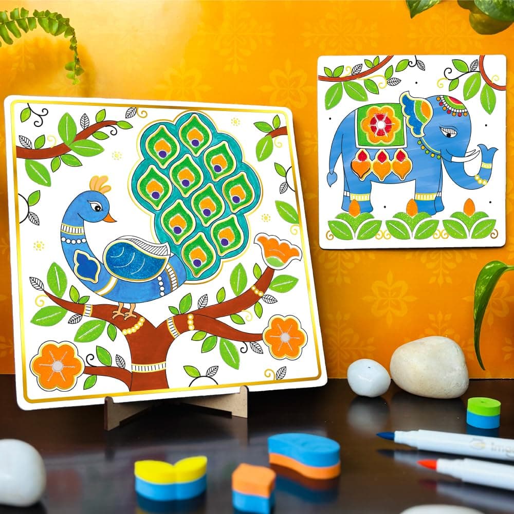 Imagimake DIY Madhubani Art Kit | Make 12 Paintings | Madhubani Painting & Colouring Kit Using Water Brush Pen & Stamps | Art & Craft Kit for Kids & Adults | Gift for Girls Age 8,9,10,11,12 view 4