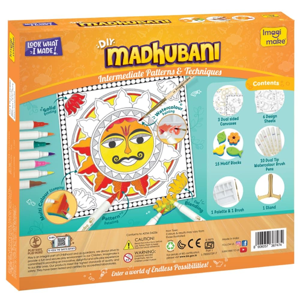 Imagimake DIY Madhubani Art Kit | Make 12 Paintings | Madhubani Painting & Colouring Kit Using Water Brush Pen & Stamps | Art & Craft Kit for Kids & Adults | Gift for Girls Age 8,9,10,11,12 view 6