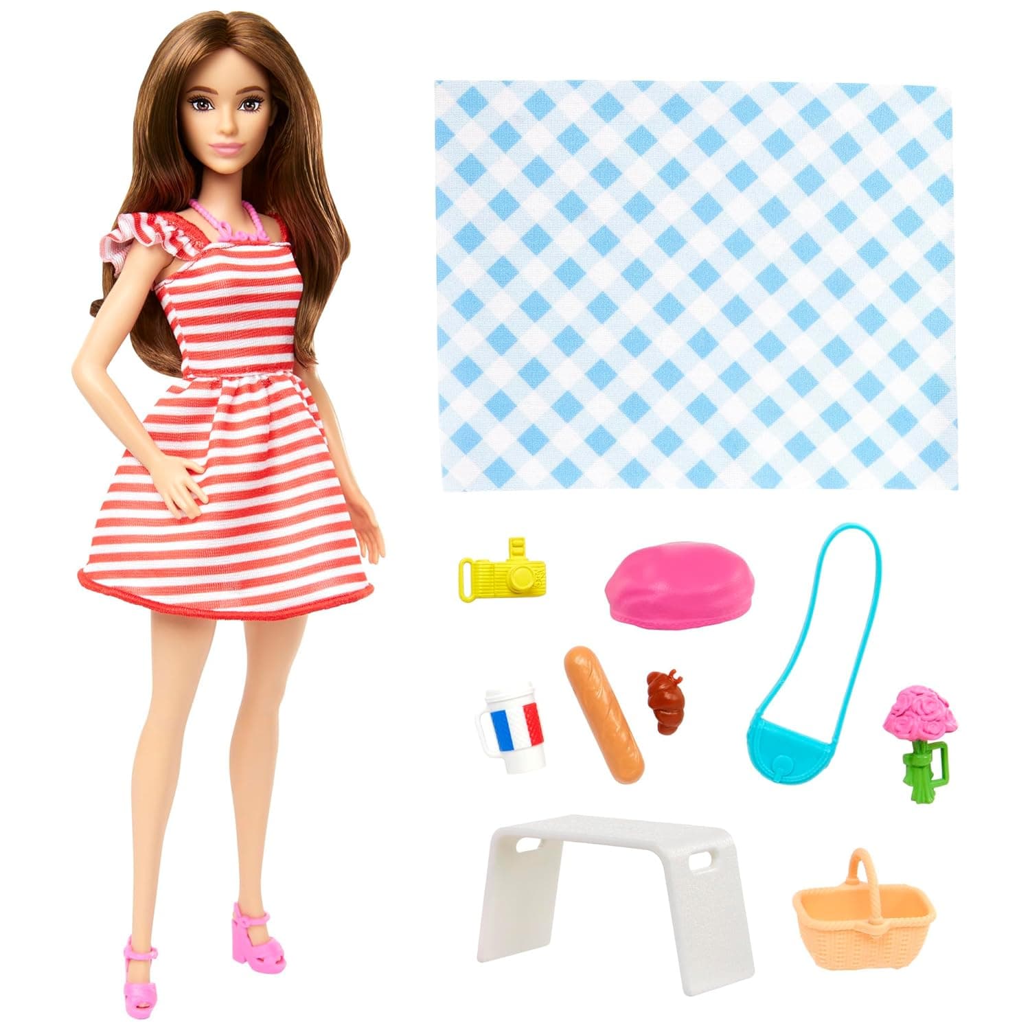 Barbie Pink Passport Paris Doll Set With Clothes & Picnic Accessories, Includes Brunette Doll view 4