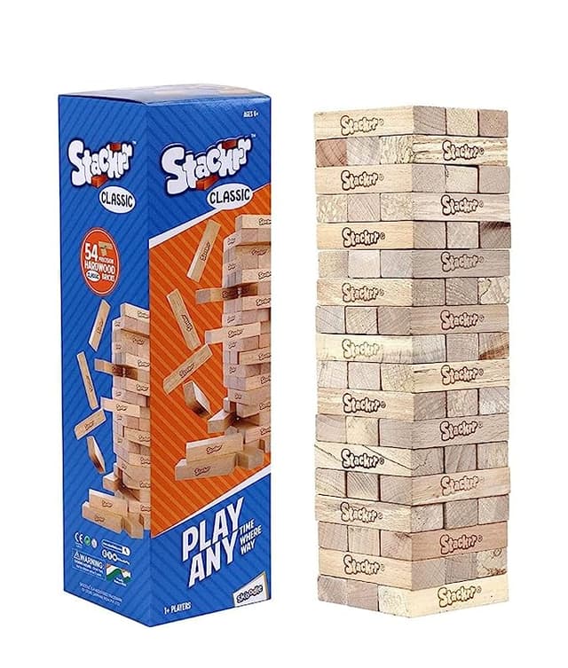 SKOODLE Stackrr Classic Stacking Tumbling Tower Game  54 Precision Wooden Blocks of Premium Beachwood  For Adults & Kids  1 or More Players