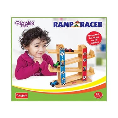 Giggles Funskool Ramp Racer  Wooden Racing Toy with 3 Mini Cars, Fine Motor Skills, Free Wheeling Cars, 18 Months & Above, Preschool Toys