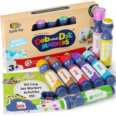 Washable 8 Colors Dab and Dot Markers Pack Set. Fun Art Supplies for Kids, Toddlers and Preschoolers. Non Toxic Arts and Crafts Supplies. Includes 200 Plus Fun Downloadable Coloring Sheets (8 Pack)