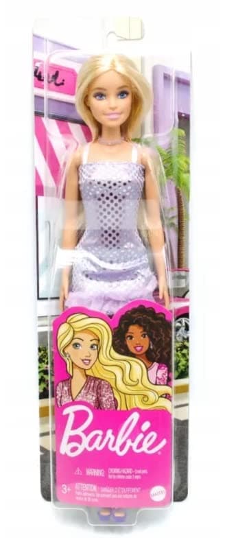 Barbie Doll, Kids Toys, Blonde Hair, Lavender Metallic Mini Dress, Trendy Clothes and Accessories